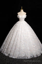 White Tulle Flowers Floor Length Prom Dresses, Beautiful A-Line Backless Sweet 16 Formal Dresses